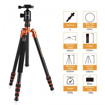 三脚架 TM2534 可反折 可拆独脚 球形云台 橙色 金属旋钮锁 镁铝合金