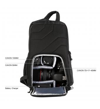 斜挎相机包 600D防水面料+提花面料+210D里布;隔板材质:PE板+珍珠棉;一机两镜